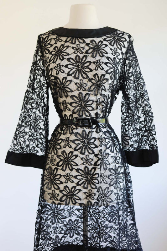 Vintage 1960s Dress - Beautiful Black Spiderweb + Daisy Sheer Lace w Bell Sleeves Size M