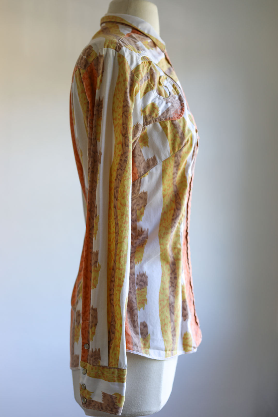 Vintage 1950s Western Blouse - Soft Autumn Hues Cotton Panhandle Slim Fitted Pearl Snap Top Size M