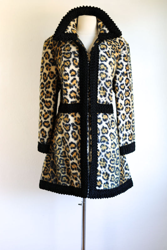 Vintage 1960s Leopard Print Coat - Luxe Mod Faux Fur Persian Lamb Designer Zipper Coat Size L