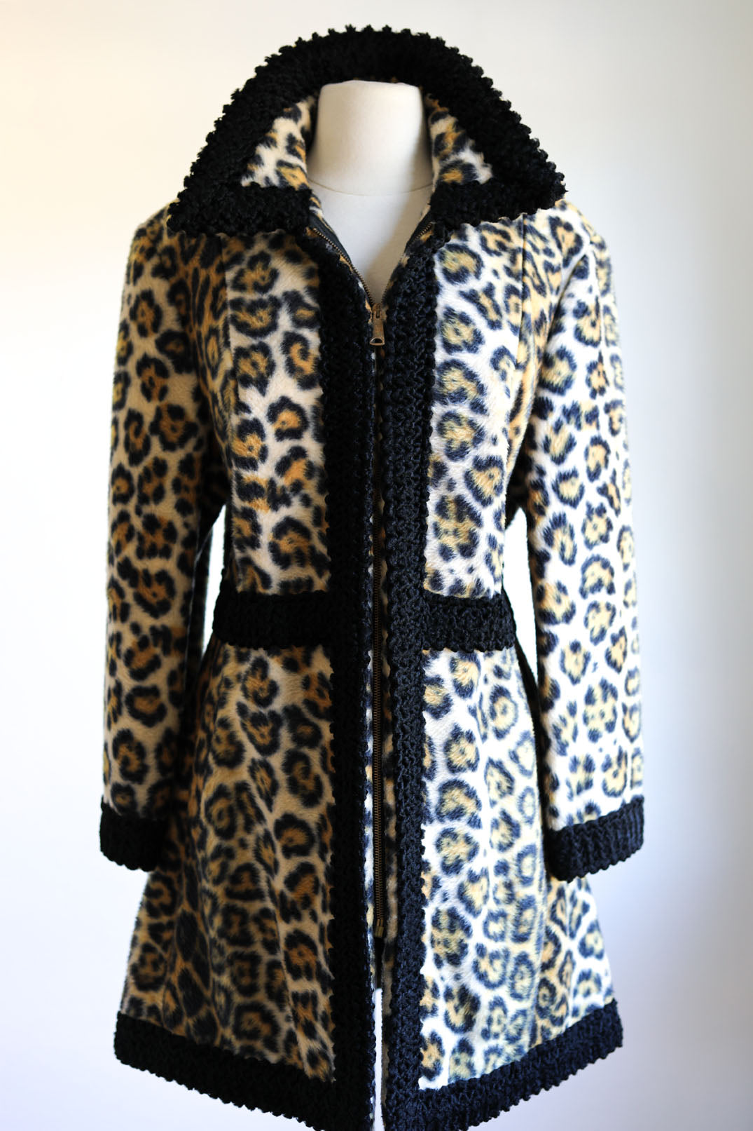 Vintage 1960s Leopard Print Coat - Luxe Mod Faux Fur Persian Lamb Designer Zipper Coat Size L