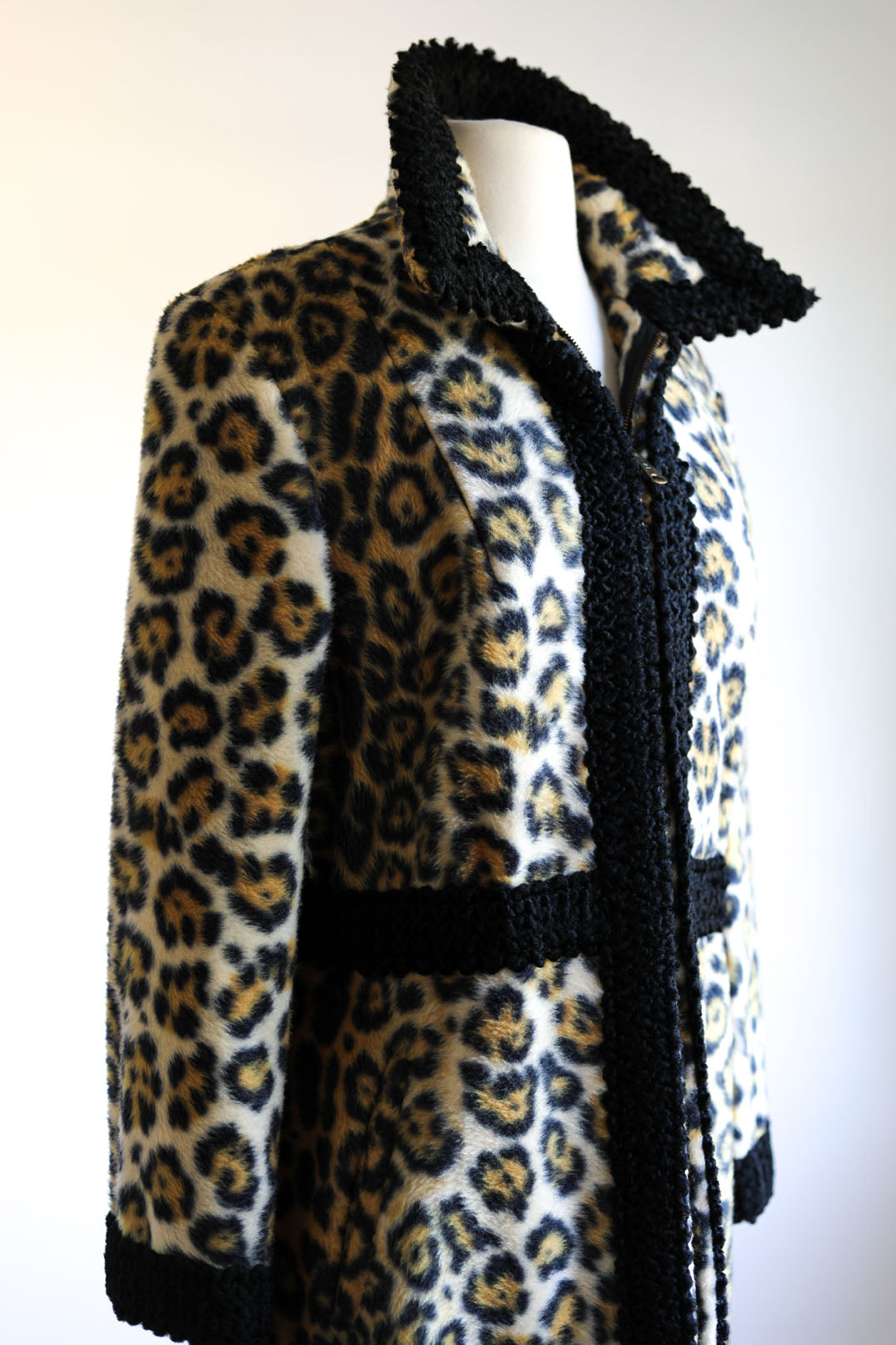 Vintage 1960s Leopard Print Coat - Luxe Mod Faux Fur Persian Lamb Designer Zipper Coat Size L