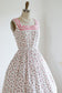 Vintage 1950s Dress - DARLING Pink Red Green Strawberry Print Cotton Sundress w Lace Size S