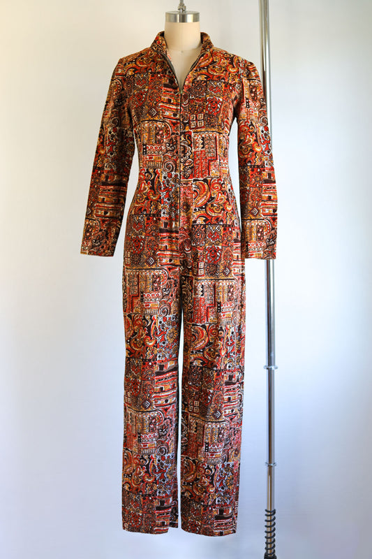 Vintage 1960s O-Ring Jumpsuit - Rare Autumn Colors Cotton Corduroy Romper w Metal Front Zipper Size S to M