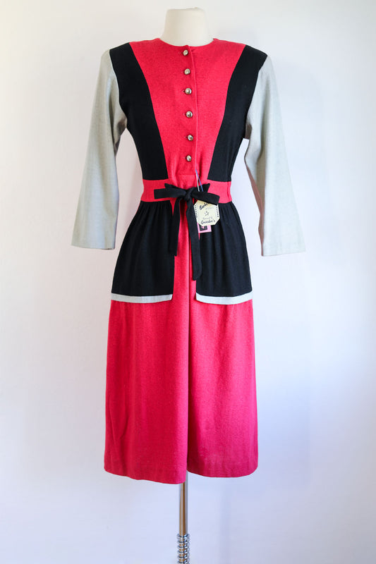 Vintage 1940s Knit Dress - Deadstock w Tags Rose Pink, Black, Grey Color Block Wool Jersey Knitwear Size S