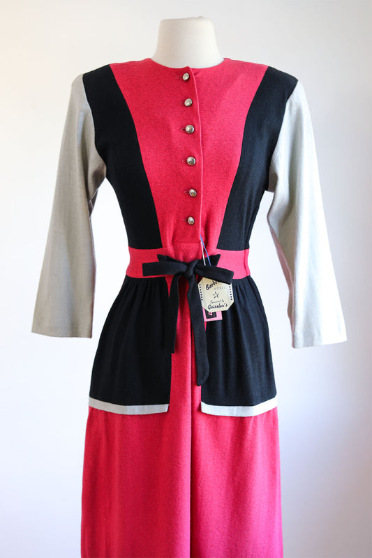 Vintage 1940s Knit Dress - Deadstock w Tags Rose Pink, Black, Grey Color Block Wool Jersey Knitwear Size S
