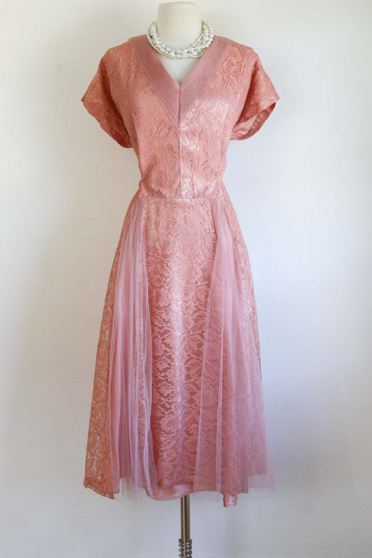 Vintage 1940s to 1950s Dress - Volup! Rose Pink Lace, Satin, Tulle Elegant Party Dress Size XL - XXL