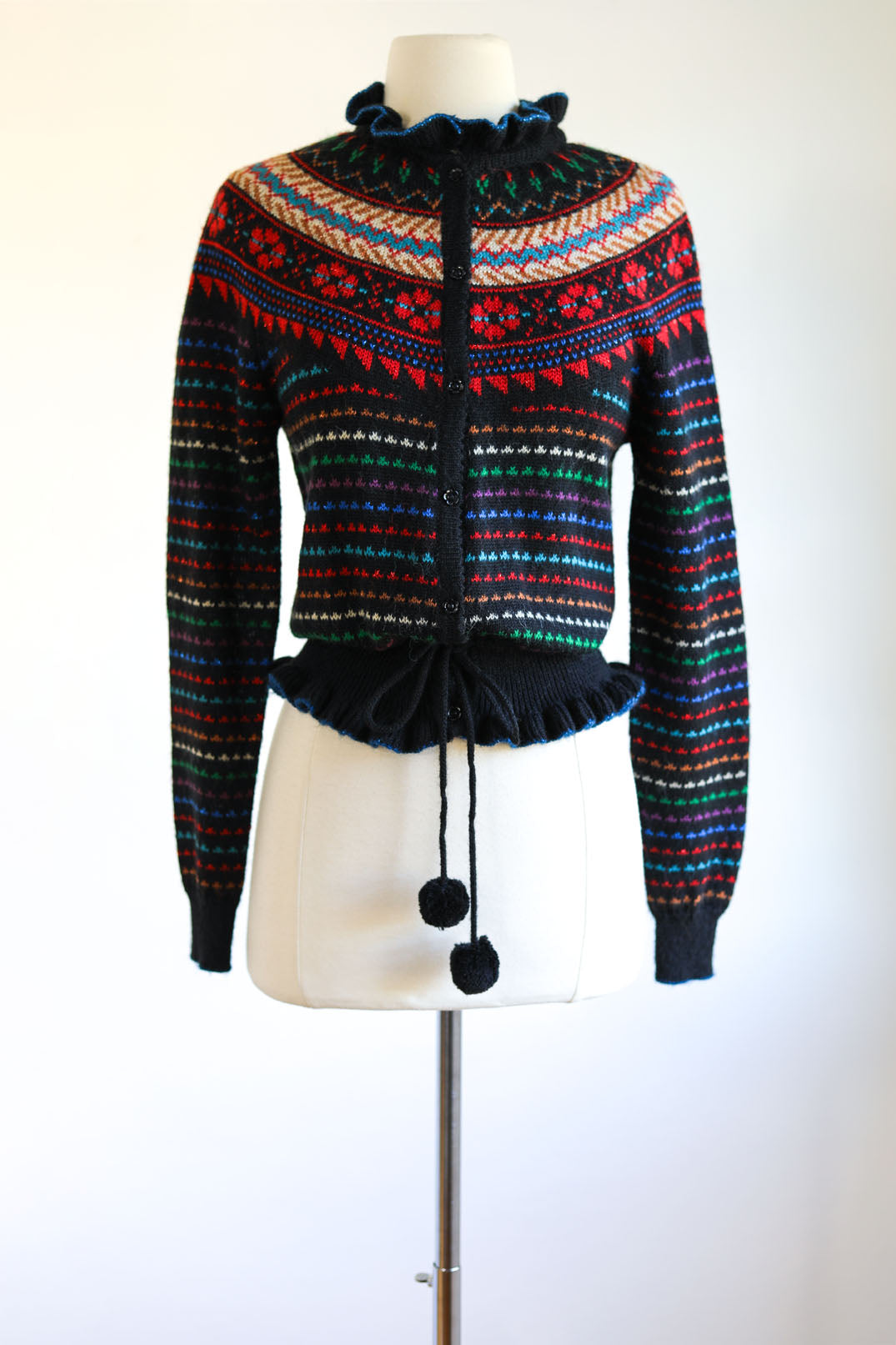 Vintage 1970s does 1940s Sweater - Cutest Black Rainbow Fair Isle Cardigan w Pom Poms Size M