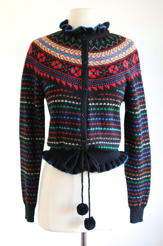 Vintage 1970s does 1940s Sweater - Cutest Black Rainbow Fair Isle Cardigan w Pom Poms Size M