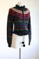 Vintage 1970s does 1940s Sweater - Cutest Black Rainbow Fair Isle Cardigan w Pom Poms Size M
