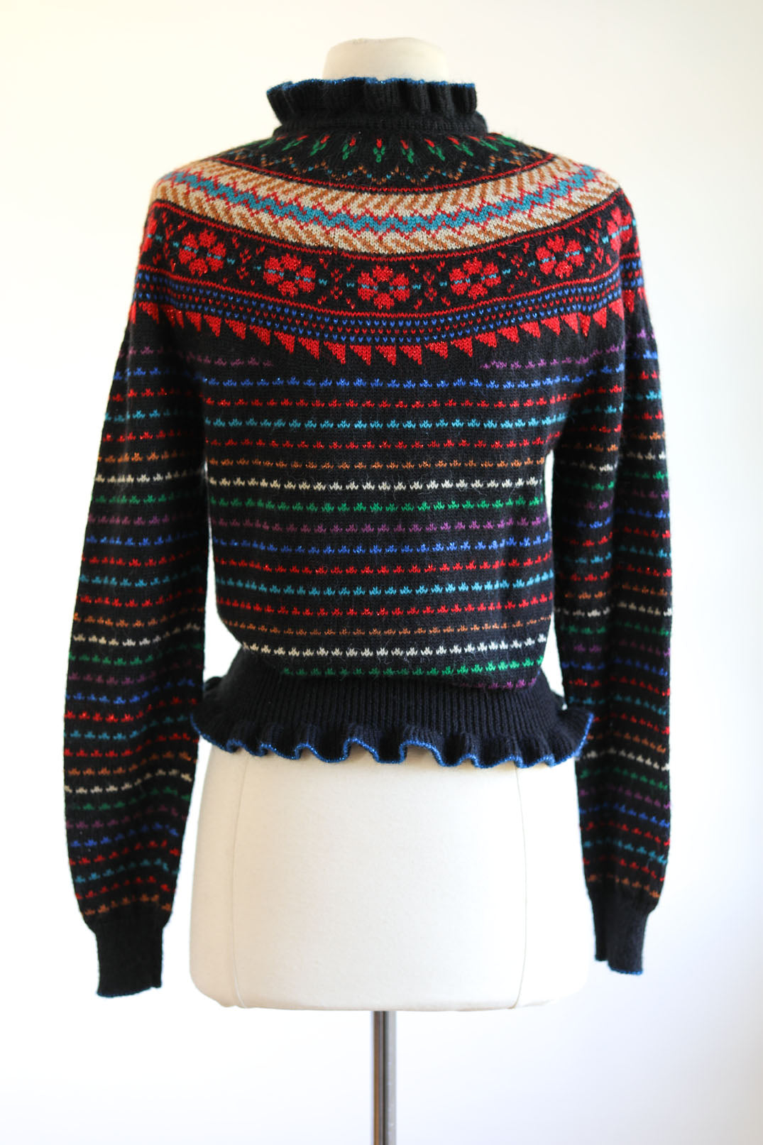 Vintage 1970s does 1940s Sweater - Cutest Black Rainbow Fair Isle Cardigan w Pom Poms Size M