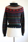 Vintage 1970s does 1940s Sweater - Cutest Black Rainbow Fair Isle Cardigan w Pom Poms Size M