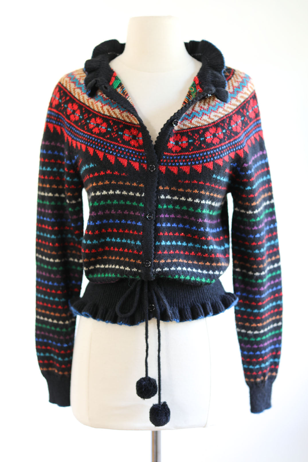 Vintage 1970s does 1940s Sweater - Cutest Black Rainbow Fair Isle Cardigan w Pom Poms Size M