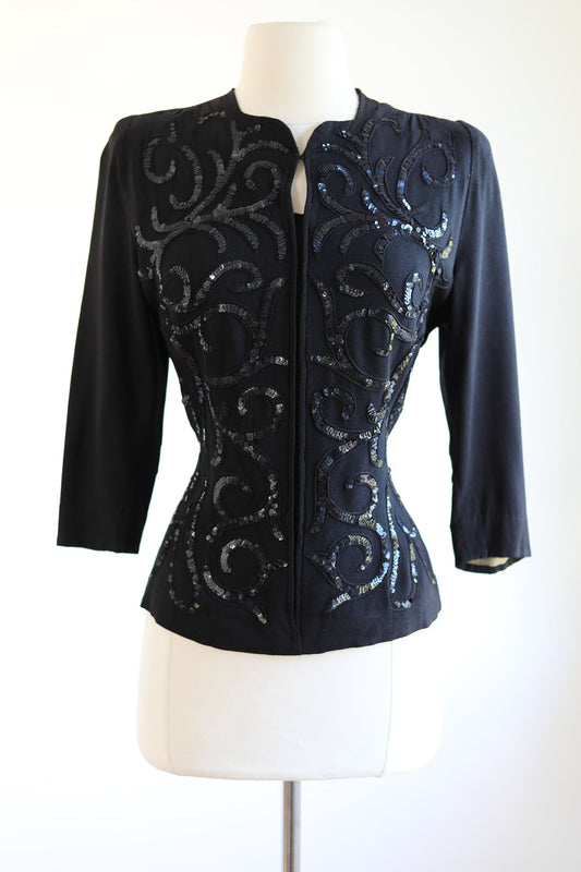 Vintage 1930s to 1940s Blouse - Black Rayon Crepe Keyhole w Sequin Scrollwork Cocktail Top Size M