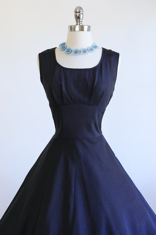 Vintage 1950s Dress - Deep Midnight Blue Shelf Bust Sweeping Bias Faille Party Jumper Sundress Size M
