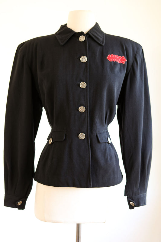 Vintage 1940s Black Gabardine Cropped Coat - Winter Sportswear Designer Jacket w Military Folk Flair Size M to L