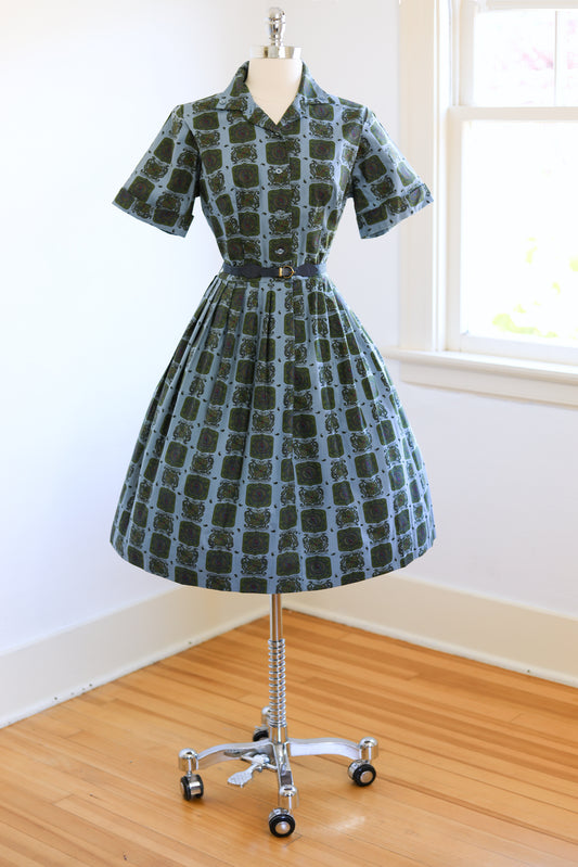 Vintage 1960s Dress - DARLING Sears Robin Egg Blue + Olive Heraldic Print Shirtwaist w Original Matching Belt Size M to L
