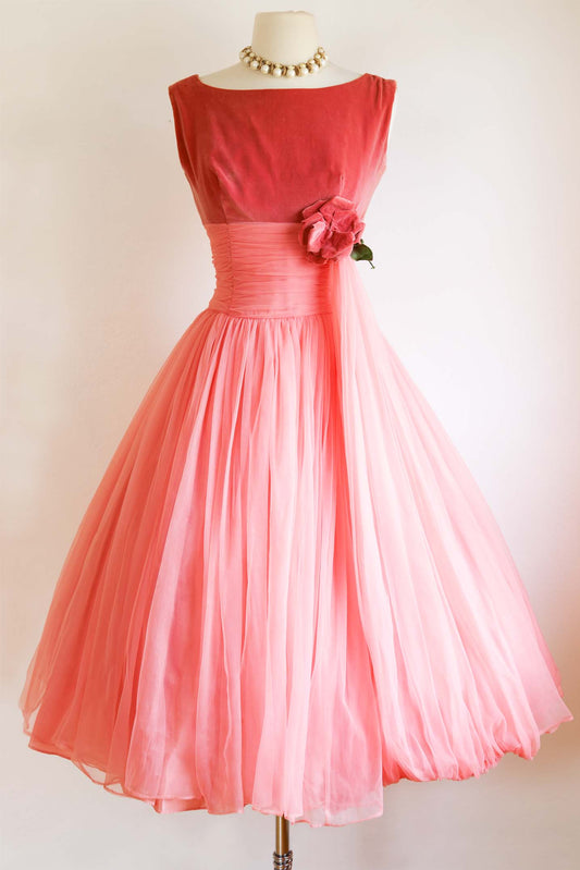 Vintage 1950s Dress - Stunning Coral Pink Peach Soft Velveteen + Chiffon Gown w Millinery Roses Size S