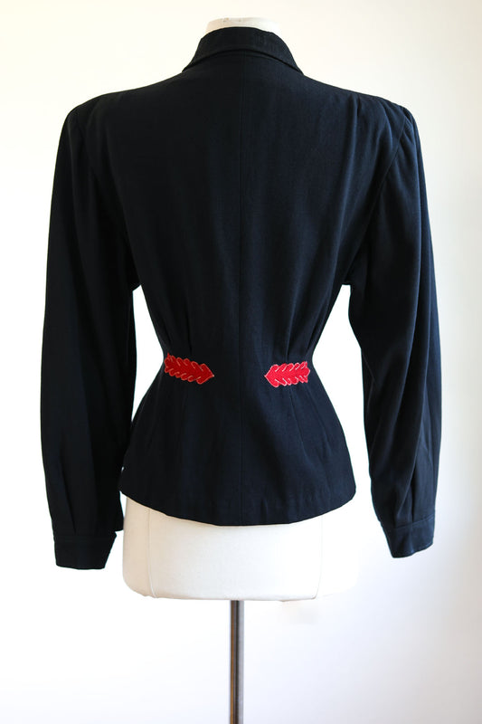 Vintage 1940s Black Gabardine Cropped Coat - Winter Sportswear Designer Jacket w Military Folk Flair Size M to L