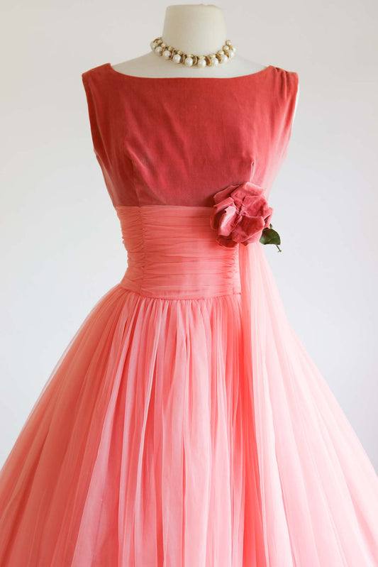 Vintage 1950s Dress - Stunning Coral Pink Peach Soft Velveteen + Chiffon Gown w Millinery Roses Size S