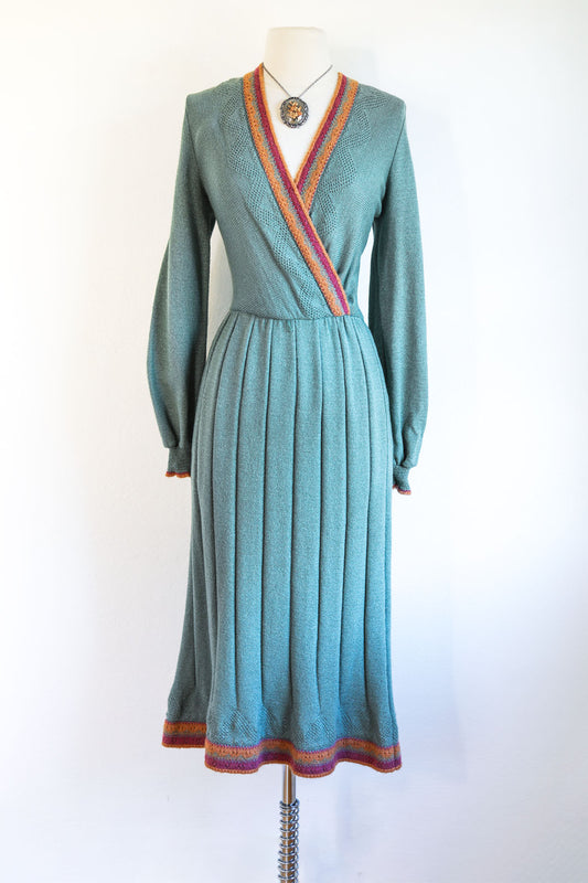 Vintage 1970s does 1940s Knit Dress - Neiman-Marcus Sea Foam Designer Knitwear w Pumpkin Plum Size S to L