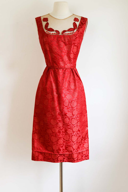 Vintage 1950s Cocktail Dress - Sizzling Hot Red Lurex Brocade w Sheer Mesh + Sequin Appliques Size XS to S