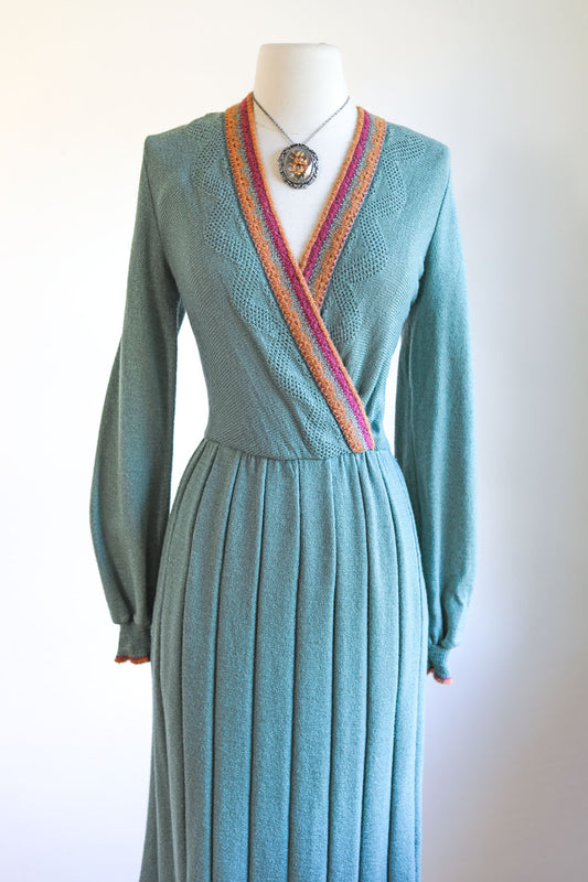 Vintage 1970s does 1940s Knit Dress - Neiman-Marcus Sea Foam Designer Knitwear w Pumpkin Plum Size S to L