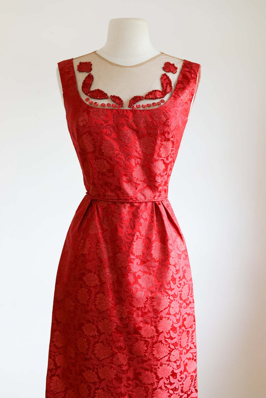 Vintage 1950s Cocktail Dress - Sizzling Hot Red Lurex Brocade w Sheer Mesh + Sequin Appliques Size XS to S