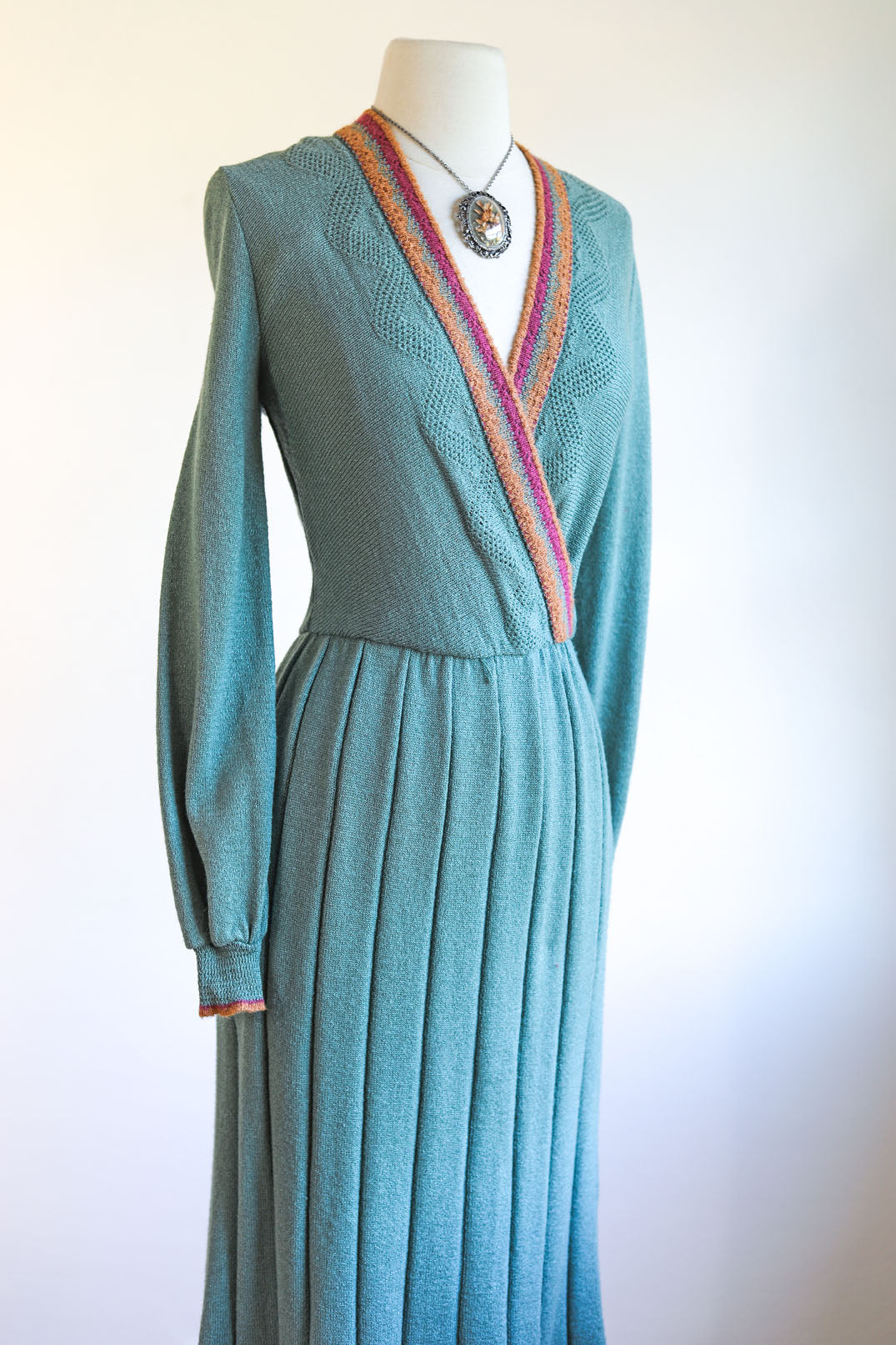Vintage 1970s does 1940s Knit Dress - Neiman-Marcus Sea Foam Designer Knitwear w Pumpkin Plum Size S to L