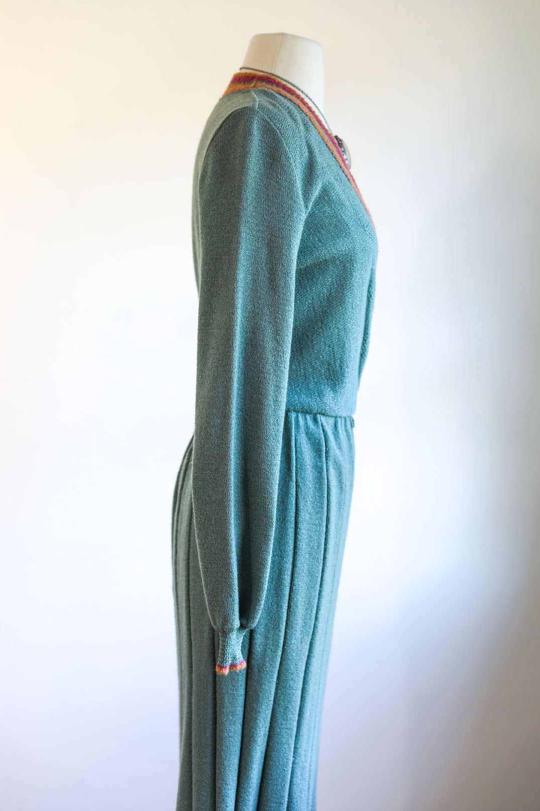 Vintage 1970s does 1940s Knit Dress - Neiman-Marcus Sea Foam Designer Knitwear w Pumpkin Plum Size S to L