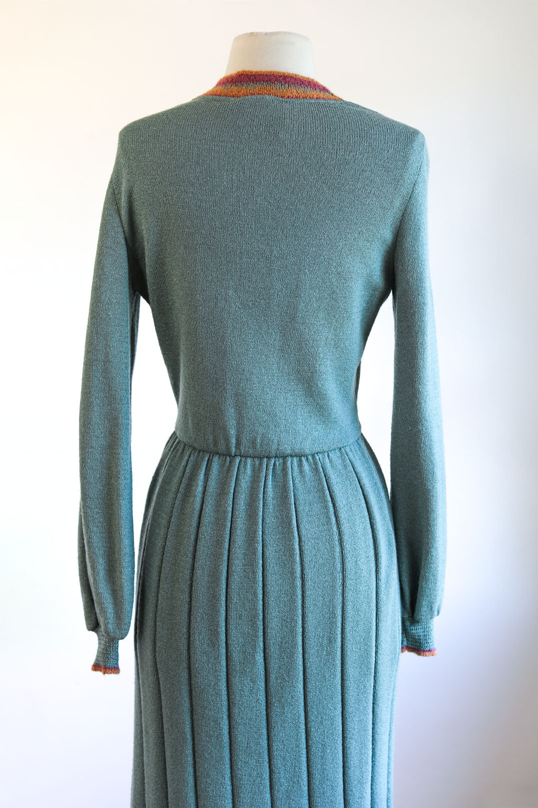 Vintage 1970s does 1940s Knit Dress - Neiman-Marcus Sea Foam Designer Knitwear w Pumpkin Plum Size S to L
