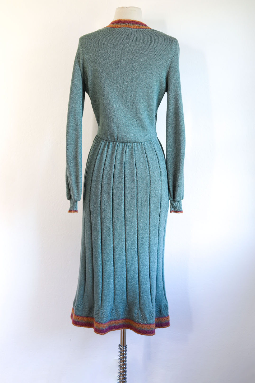 Vintage 1970s does 1940s Knit Dress - Neiman-Marcus Sea Foam Designer Knitwear w Pumpkin Plum Size S to L