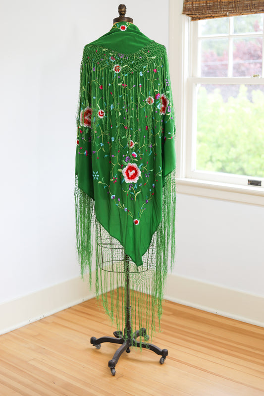Vintage 1920s to 1930s RARE Emerald Piano Shawl - Dramatic Large Antique Canton Silk Floral Embroidered Fringed Flamenco Manton de Manila Scarf Wrap One Size Fits All