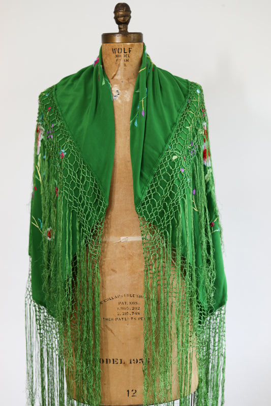 Vintage 1920s to 1930s RARE Emerald Piano Shawl - Dramatic Large Antique Canton Silk Floral Embroidered Fringed Flamenco Manton de Manila Scarf Wrap One Size Fits All