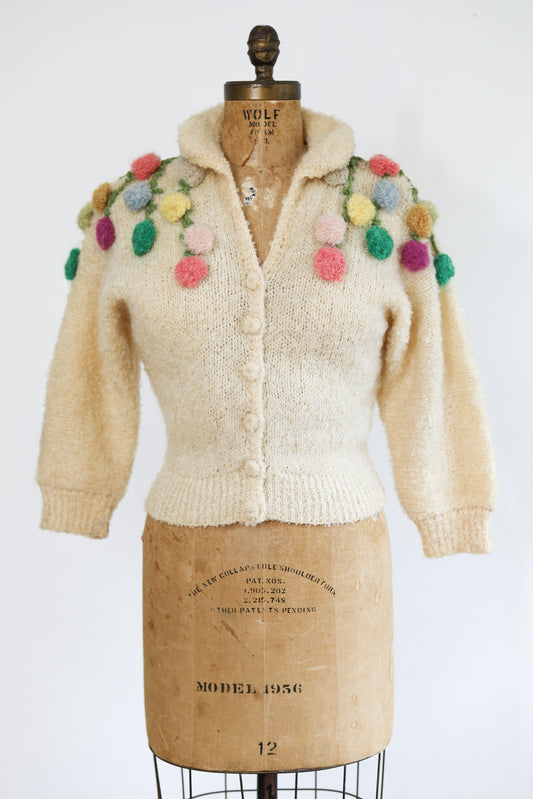 Vintage 1960s ULTIMATE MOHAIR Sweater - Beyond Belief 3-D Candy Pastel Pom Pom Flowers + Vines Ivory Designer Cardigan Fits Size S to L
