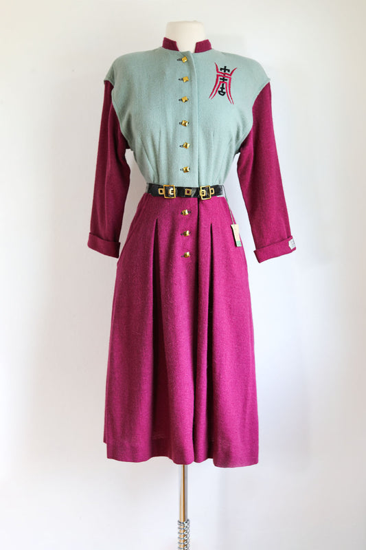 Vintage 1940s Knit Dress - Deadstock w Tags Plum, Black, Grey Color Block Wool & Angora Jersey Belted Knitwear Size S to M