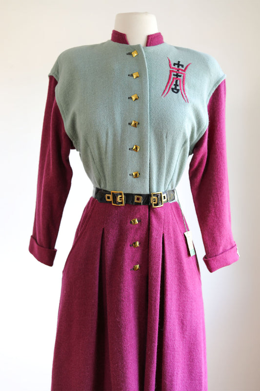 Vintage 1940s Knit Dress - Deadstock w Tags Plum, Black, Grey Color Block Wool & Angora Jersey Belted Knitwear Size S to M