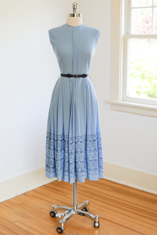 Vintage 1940s Dress - SWEET + COMFY Delphite Blue Butcher Linen Sundress w Camel + Palm Tree Border Print Size M