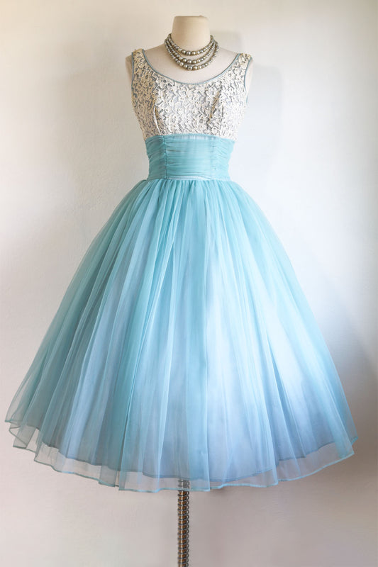 Vintage 1950s Chiffon Dress - Cinderella Dreams! Pale Blue White Metal-Studded Cupcake Gown w Trains Size S