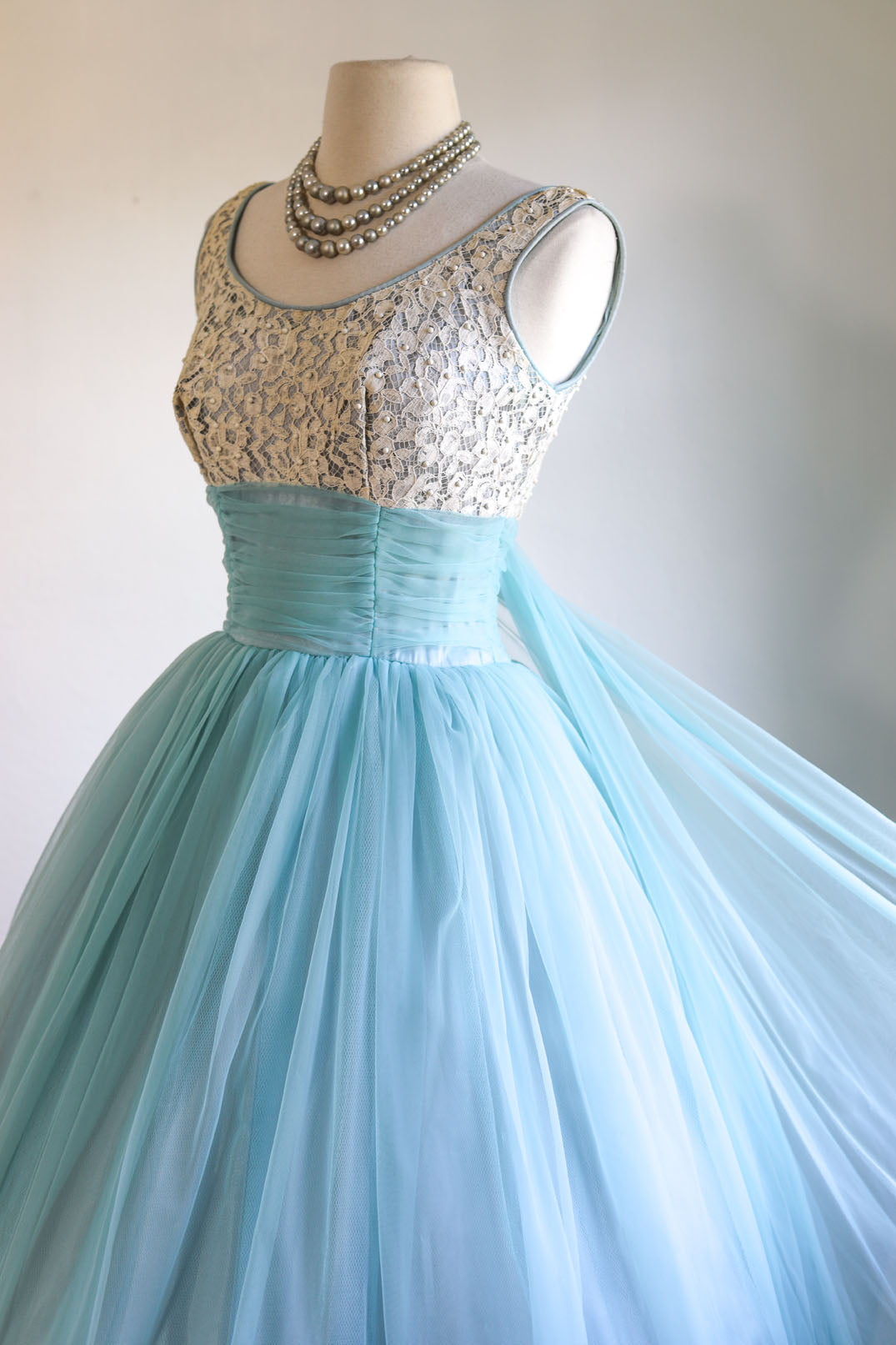 Vintage 1950s Chiffon Dress - Cinderella Dreams! Pale Blue White Metal-Studded Cupcake Gown w Trains Size S