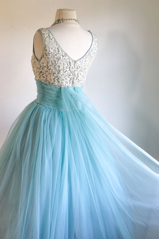 Vintage 1950s Chiffon Dress - Cinderella Dreams! Pale Blue White Metal-Studded Cupcake Gown w Trains Size S
