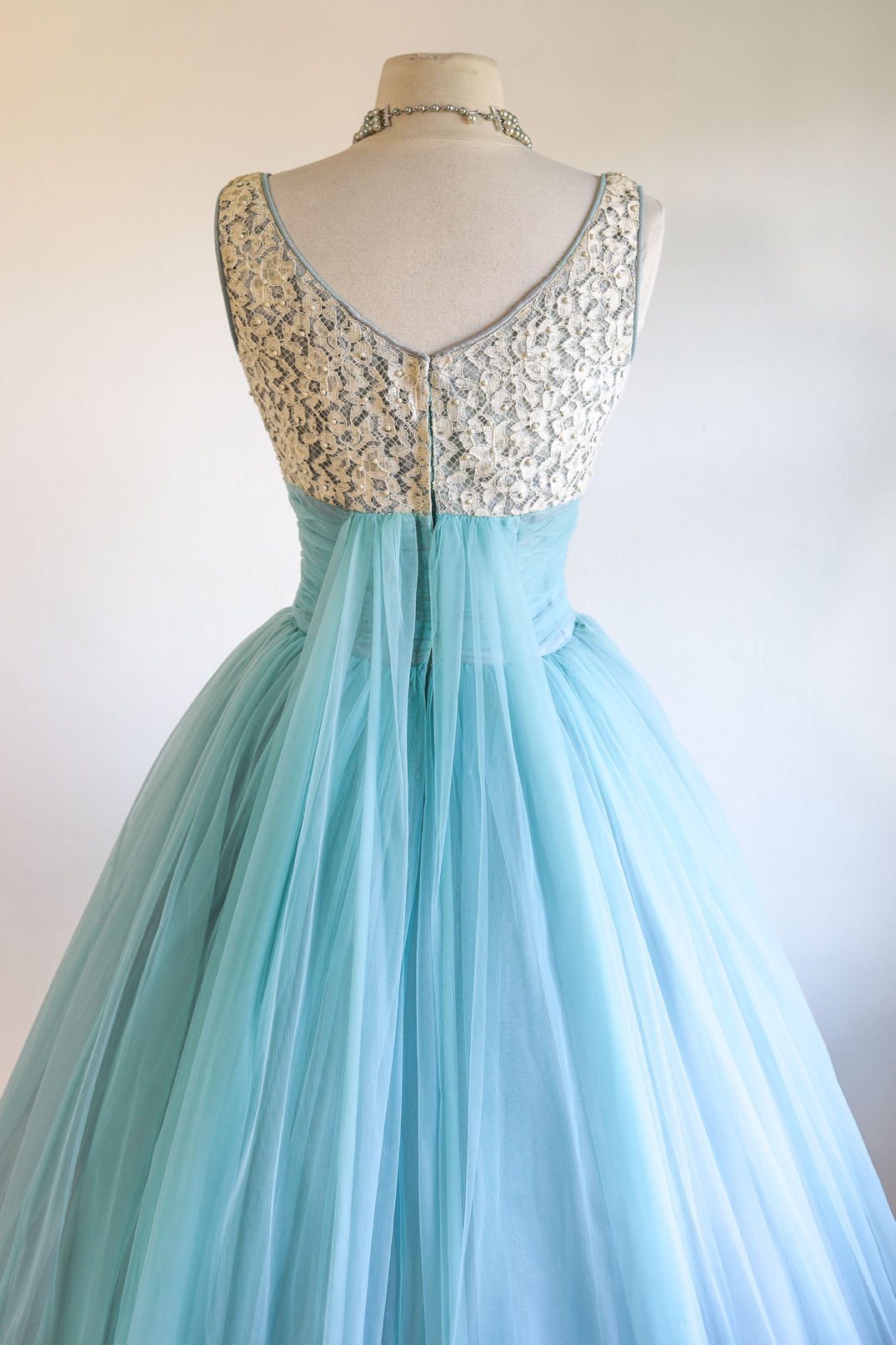 Vintage 1950s Chiffon Dress - Cinderella Dreams! Pale Blue White Metal-Studded Cupcake Gown w Trains Size S
