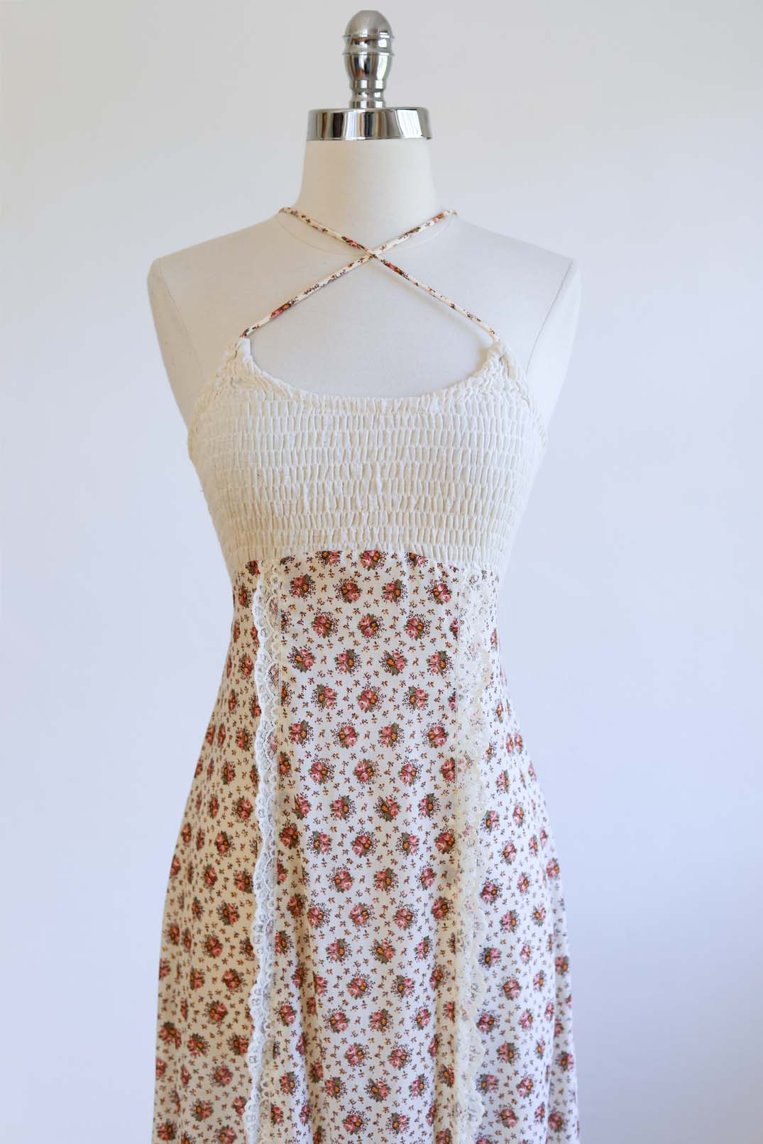 Vintage 1970s Dress - DARLING Jody T Cream Olive Pink Mustard Rose Print Calico Prairie Maxi Sundress w Convertible Straps Size XS to M
