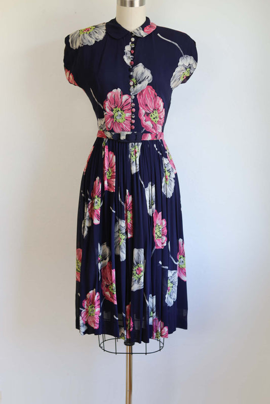 Vintage 1940s Dress - Luscious Midnight Cobalt + Chartreuse/Lime Massive Peony Flower Print Sundress Size XS to S