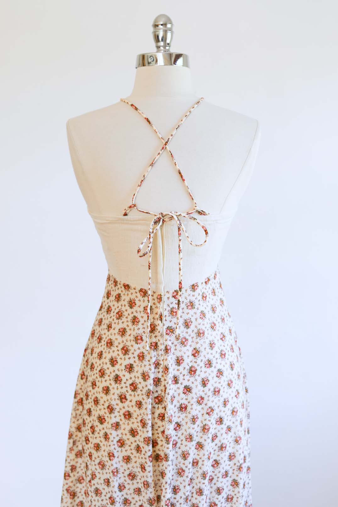 Vintage 1970s Dress - DARLING Jody T Cream Olive Pink Mustard Rose Print Calico Prairie Maxi Sundress w Convertible Straps Size XS to M