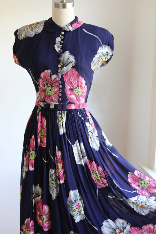 Vintage 1940s Dress - Luscious Midnight Cobalt + Chartreuse/Lime Massive Peony Flower Print Sundress Size XS to S