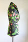 Vintage 1970s Quilted Jacket - Very Special Artsy "The Yard Birds" Black Chintz Cotton w Botanical Strawberry Print Size S to M