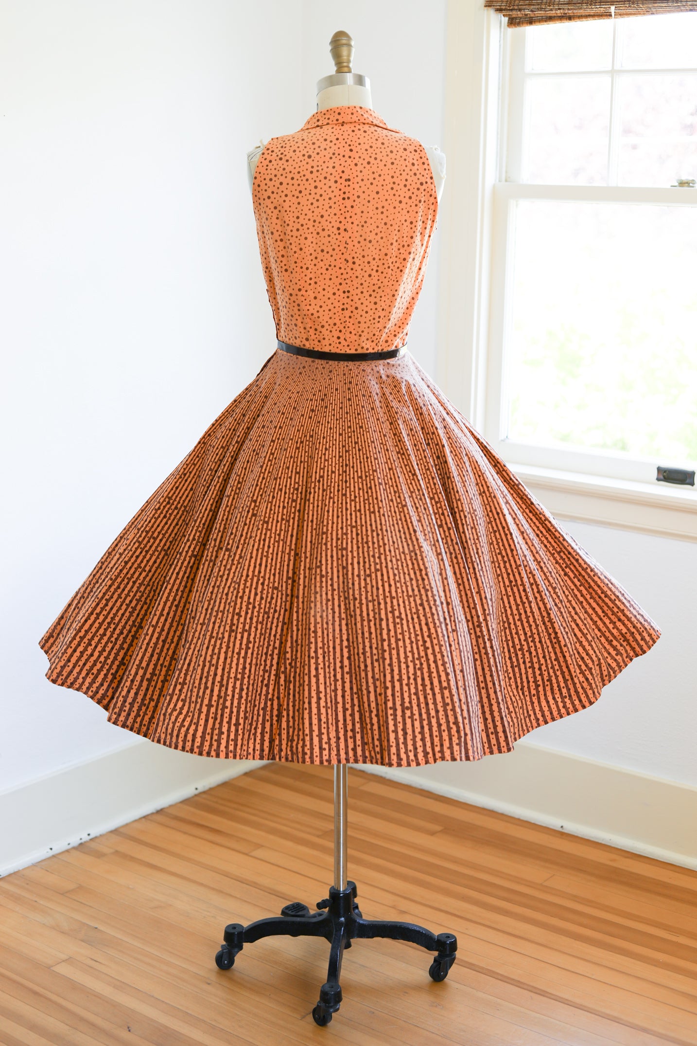 Vintage 1950s Dress - AMAZING Polka Dot + Graphic Stripe Peach & Cocoa Cotton Circle Skirt Sundress Size S