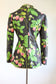 Vintage 1970s Quilted Jacket - Very Special Artsy "The Yard Birds" Black Chintz Cotton w Botanical Strawberry Print Size S to M