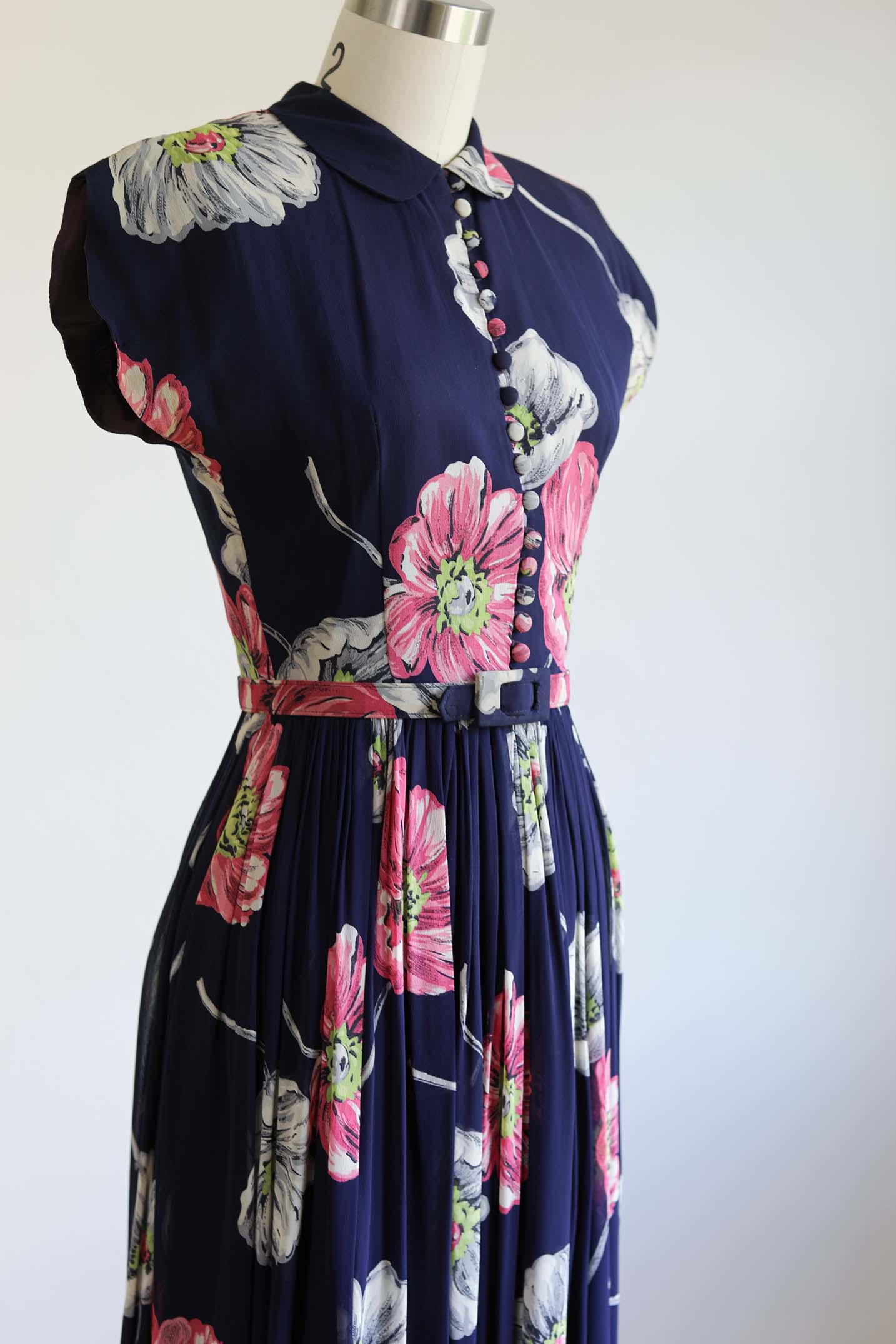 Vintage 1940s Dress - Luscious Midnight Cobalt + Chartreuse/Lime Massive Peony Flower Print Sundress Size XS to S