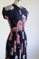 Vintage 1940s Dress - Luscious Midnight Cobalt + Chartreuse/Lime Massive Peony Flower Print Sundress Size XS to S